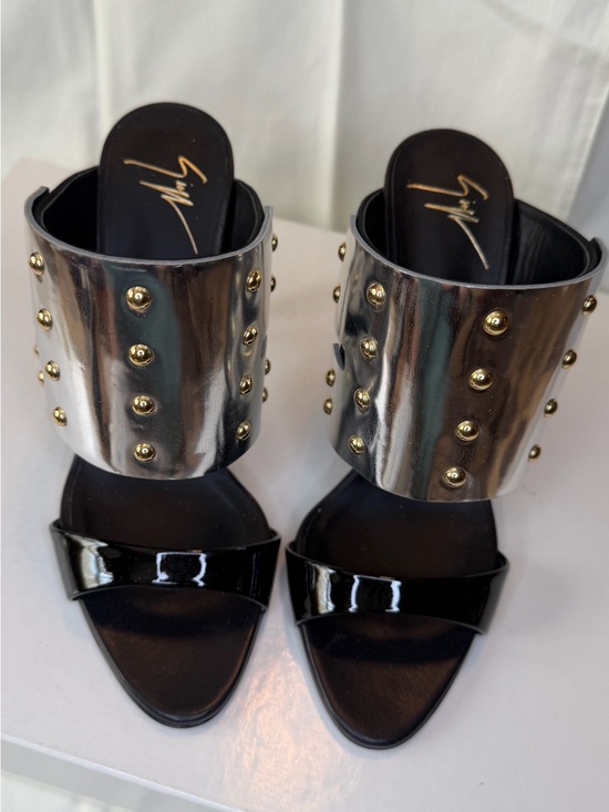 Giuseppe Zanotti Shoes - Giuseppe Zanotti Black Patent & Silver Stud Cuff Slide Mules